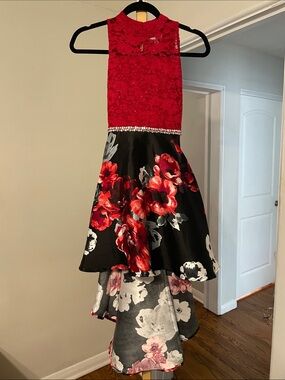 Speechless Red Lace Bodice Black Floral High-Low Dress